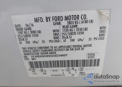 2016 Ford Explorer Xlt from USA, damaged, VIN 1FM5K8D89GGD34507